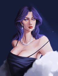 Size: 985x1280 | Tagged: safe, artist:llockdoown, imported from derpibooru, rarity, human, alternate hairstyle, armpits, bare shoulders, breasts, busty rarity, clothes, dress, ear piercing, earring, eyeshadow, female, fur coat, humanized, jewelry, lipstick, makeup, necklace, piercing, solo