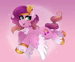 Size: 1996x1647 | Tagged: safe, artist:emera33, imported from derpibooru, pipp petals, pegasus, pony, coat markings, colored hooves, crown, diadem, flying, g5, gold hooves, gradient background, hooves, jewelry, looking at you, open mouth, regalia, singing, socks (coat markings), solo, sparkles, unshorn fetlocks