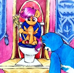 Size: 1979x1954 | Tagged: safe, artist:liaaqila, imported from derpibooru, scootaloo, pegasus, pony, but why, charmin bear, cute, cutealoo, scepter, throne room, toilet, twilight scepter