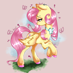 Size: 3000x3000 | Tagged: safe, artist:toxikil, imported from derpibooru, fluttershy, butterfly, pegasus, pony, anatomically correct, bipedal, blushing, bow, cute, female, full body, fully shaded, neck bow, nudity, piercing, shading, shiny hooves, shiny mane, shy, simple background, solo, sparkly, sparkly eyes, sparkly mane, spread wings, standing on two hooves, vulva, wingding eyes, wings