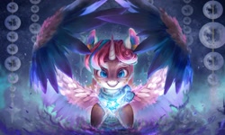 Size: 2048x1229 | Tagged: safe, artist:xyq, artist:xyq_nb, imported from derpibooru, princess flurry heart, alicorn, pony, bandana, clothes, commission, crystal heart, detailed, female, flying, folded wings, high res, mare, solo, wings