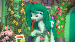 Size: 3840x2160 | Tagged: safe, artist:silkworm205, imported from derpibooru, wallflower blush, earth pony, pony, 3d, digging, downloadable, female, floppy ears, flower, fluffy mane, fluffy tail, freckles, garden, gardening, outdoors, revamped ponies, shovel, solo, solo female, source filmmaker, source filmmaker resource, tail