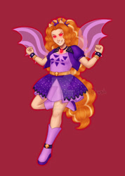 Size: 1280x1793 | Tagged: safe, artist:tinypurplebrush, imported from derpibooru, adagio dazzle, equestria girls, belt, boots, clothes, deviantart watermark, dress, evil grin, female, gem, grin, high heel boots, jacket, obtrusive watermark, red background, red eyes take warning, shoes, simple background, siren gem, smiling, solo, spiked wristband, watermark, wristband