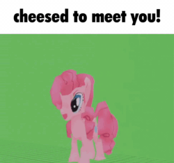Size: 800x749 | Tagged: safe, artist:chipchapp, imported from derpibooru, pinkie pie, earth pony, pony, 3d, 3d model, animated, blue eyes, bouncing, caption, gif, green background, green screen, image macro, meme, pink coat, pink mane, pink tail, pinkie being pinkie, simple background, stretchy, tail, text, top text