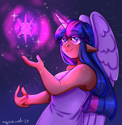 Size: 2400x2464 | Tagged: safe, artist:mylittleyuri, imported from derpibooru, twilight sparkle, human, alicorn humanization, breasts, clothes, cute, dark skin, dress, elf ears, female, glowing, glowing horn, heart, heart eyes, horn, horned humanization, humanized, magic, night, sky, solo, stars, twiabetes, wingding eyes, winged humanization, wings