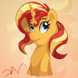Size: 1300x1300 | Tagged: safe, artist:swasfews, imported from derpibooru, sunset shimmer, unicorn, horn, looking at you, simple background, solo