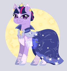 Size: 2164x2310 | Tagged: safe, artist:ponyrasmeii, imported from derpibooru, twilight sparkle, pony, unicorn, suited for success, the best night ever, chest fluff, clothes, coat markings, constellation dress, dress, ear piercing, earring, eyeshadow, gala dress, hair bun, horn, jewelry, makeup, nextgen:rasmeiiverse, piercing, redesign, simple background, socks (coat markings), solo, stars, tiara, underbelly, watermark