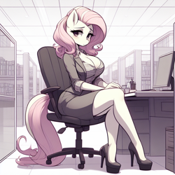 Size: 1024x1024 | Tagged: safe, imported from derpibooru, fluttershy, anthro, adorasexy, ai content, ai generated, big breasts, blushing, book, bookshelf, breasts, business suit, businessmare, busty fluttershy, chair, cleavage, clothes, cubicle, cute, desk, female, high heels, looking away, monitor, office, office chair, prompter:horselover fat, sexy, shoes, shyabetes, sitting, solo, stupid sexy fluttershy