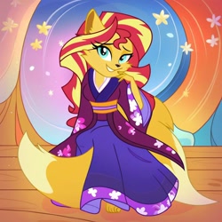Size: 1024x1024 | Tagged: prompter needed, safe, imported from derpibooru, sunset shimmer, anthro, fox, ai content, ai generated, clothes, foxified, human to anthro, kimono (clothing), kitsune, smiling, species swap