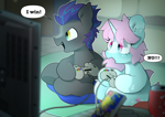 Size: 1920x1357 | Tagged: safe, artist:mochi_nation, imported from derpibooru, oc, oc:helios aster, oc:scoops, bat pony, pony, unicorn, commission, controller, cute, horn, ych result