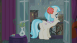 Size: 1600x900 | Tagged: safe, artist:devfield, imported from derpibooru, coco pommel, earth pony, pony, animated, balcony, book, bookshelf, building, butt, city, cityscape, clothes, coco's apartment, complex background, curtains, door, doorway, eye shimmer, female, flower, gif, hatbutt, i can't believe it's not hasbro studios, leaning, manehattan, mare, night, plant, rain, rainbow thread, raised leg, rear view, sad, shadow, solo, thread, vase, wind, window