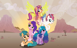 Size: 1128x708 | Tagged: safe, artist:snowflakefrostyt, imported from derpibooru, hitch trailblazer, izzy moonbow, pipp petals, sunny starscout, zipp storm, alicorn, pony, g5, g5 to g4, generation leap, lying down, mane five, prone, race swap, sunnycorn