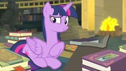 Size: 1200x675 | Tagged: safe, imported from derpibooru, screencap, twilight sparkle, alicorn, equestria girls, equestria girls series, forgotten friendship, book, bookshelf, female, fireplace, library, solo, twilight sparkle (alicorn)