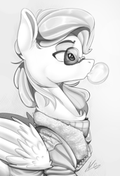 Size: 860x1256 | Tagged: safe, artist:velya_34, imported from derpibooru, spitfire, pegasus, pony, unicorn, blowing bubbles, bubblegum, clothes, female, food, glasses, grayscale, gum, horn, mare, monochrome, side view, sketch, solo, sunglasses, wonderbolts