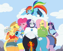 Size: 1500x1224 | Tagged: safe, artist:sheela, imported from twibooru, applejack, fluttershy, pinkie pie, rainbow dash, rarity, twilight sparkle, oc, anthro, applebucking thighs, belly button, big breasts, breasts, busty applejack, busty fluttershy, busty rarity, busty twilight sparkle, clothes, dress, female, front knot midriff, giantess, huge breasts, image, low angle, macro, mane six, midriff, needs more jpeg, size difference, skirt, sweater, sweatershy