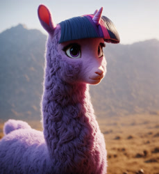 Size: 1580x1728 | Tagged: safe, imported from twibooru, twilight sparkle, alpaca, hybrid, unicorn, 3d, ai content, ai generated, cute, detailed, detailed fur, fluffy, generator:pony diffusion v6 xl, generator:stable diffusion, horn, image, needs more jpeg, purple eyes, purple fur, purple hair, solo