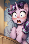 Size: 360x542 | Tagged: safe, derpibooru exclusive, imported from derpibooru, starlight glimmer, pony, unicorn, :o, ai content, ai generated, anonymous prompter, blushing, chest fluff, female, gasp, generator:bluefox mix, generator:stable diffusion, horn, mare, open mouth, shocked, shrunken pupils, solo, surprised, sweat, wide eyes