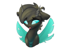 Size: 1256x860 | Tagged: safe, artist:velya_34, imported from derpibooru, oc, oc only, changeling, floppy ears, horn, simple background, solo, tongue out, transparent background