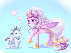 Size: 2286x1717 | Tagged: safe, artist:pikachu0205, imported from derpibooru, princess cadance, shining armor, alicorn, pony, unicorn, clothes, concave belly, dress, duo, fat, female, heart, height difference, horn, male, mare, meme, rolls of fat, shining blubber, shiningcadance, shipping, size difference, slender, smiling, stallion, straight, the bride and the ugly ass groom, thin, toy interpretation, wedding dress