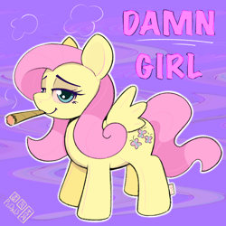 Size: 2160x2160 | Tagged: safe, artist:pedalspony, imported from derpibooru, fluttershy, pegasus, pony, 420, abstract background, drugs, female, flutterhigh, high, joint, mare, marijuana, plushification, silly face, smoke, smoking, solo, text