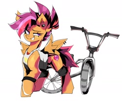 Size: 1954x1626 | Tagged: safe, artist:madiwann, imported from derpibooru, scootaloo, pegasus, pony, alternate design, bicycle, female, headcanon, piercing, simple background, solo, white background, wing piercing, wings