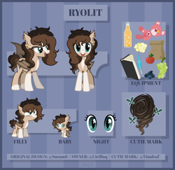 Size: 4000x3883 | Tagged: safe, artist:cirillaq, imported from derpibooru, oc, oc only, oc:ryolit, bat pony, pony, apple, baby, baby pony, bag, blueberry, book, bottle, female, filly, foal, food, grapes, mare, plushie, quill, reference sheet, solo, teddy bear