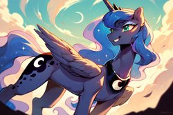 Size: 1344x896 | Tagged: safe, imported from derpibooru, princess luna, alicorn, pony, ai content, ai generated, backlighting, cloud, concave belly, crescent moon, female, fit, grin, mare, moon, prompter:saberclaw1x, slender, smiling, solo, sternocleidomastoid, thin, turned head