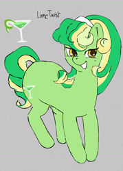 Size: 1004x1403 | Tagged: safe, imported from derpibooru, oc, oc only, oc:lime twist, earth pony, curly hair, earth pony oc, female, gray background, green coat, green mane, headband, simple background, solo, yellow eyes