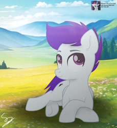 Size: 3300x3600 | Tagged: safe, artist:ramixe dash, derpibooru exclusive, imported from derpibooru, oc, oc only, oc:ramixe dash, pegasus, pony, g5, g5 to g4, generation leap, looking up, magenta eyes, male, meadow, mountain, purple hair, scenery, signature, solo, stallion, watermark