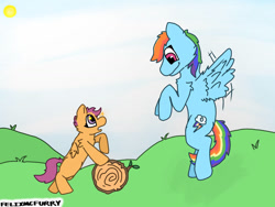 Size: 1032x774 | Tagged: safe, imported from derpibooru, rainbow dash, scootaloo, digital art, flying, outdoors, wholesome