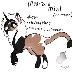 Size: 900x900 | Tagged: source needed, safe, artist:mischiefhooves, imported from derpibooru, oc, oc only, oc:mountain mist, big cat, cat, cat pony, hybrid, original species, pony, unicorn, boygirl, cat tail, coat markings, colored horn, emo, horn, hybrid oc, mountain lion, mountain lion pony, nonbinary, paint, paws, pronouns, reference sheet, simple background, socks (coat markings), tail, tongue out, transgender, unicorn oc, white background