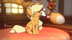 Size: 2560x1440 | Tagged: safe, alternate version, artist:skitsroom, imported from derpibooru, part of a set, applejack, earth pony, pony, alternate character, cheek fluff, chest fluff, cute, cyrillic, disembodied hand, female, floating heart, genshin impact, hand, heart, jackabetes, mare, one eye closed, petting, ponified, ponified scene, russian, sitting, smiling