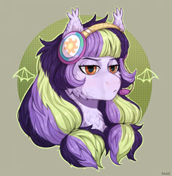 Size: 1900x1939 | Tagged: safe, artist:birdoffnorth, imported from derpibooru, oc, oc only, oc:fizzle, bat pony, pony, bat pony oc, bat wings, bust, chest fluff, commission, female, headphones, lidded eyes, mare, solo, wings