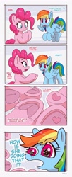 Size: 1679x4096 | Tagged: safe, artist:pabbley, imported from derpibooru, pinkie pie, rainbow dash, earth pony, pegasus, pony, comic, dialogue, duo, duo female, faic, female, frog (hoof), high res, hoof heart, hoofbutt, hooves, lampshade hanging, mare, open mouth, pinkie being pinkie, rainbow dash is best facemaker, underhoof, upside-down hoof heart