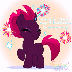 Size: 894x894 | Tagged: safe, artist:faelingmagic, imported from derpibooru, fizzlepop berrytwist, tempest shadow, pony, unicorn, adult blank flank, blank flank, broken horn, cute, eye scar, eyes closed, facial scar, female, fireworks, horn, mare, raised hoof, scar, signature, smiling, solo, tempestbetes
