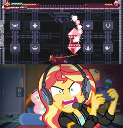 Size: 1280x1330 | Tagged: safe, edit, edited screencap, imported from derpibooru, screencap, fluttershy, sunset shimmer, equestria girls, equestria girls series, game stream, spoiler:eqg series (season 2), circuit crystal, gamer sunset, gravity circuit, kai (gravity circuit), rage, rageset shimmer, sunset shimmer frustrated at game, tell me what you need