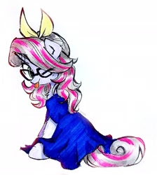 Size: 1837x2048 | Tagged: safe, artist:liaaqila, imported from derpibooru, oc, oc only, oc:velvet melody, unicorn, clothes, dress, glasses, horn, one eye closed, simple background, solo, tongue out, traditional art, unicorn oc, white background, wink