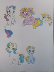 Size: 3468x4624 | Tagged: safe, artist:doodletheexpoodle, imported from derpibooru, oc, oc only, oc:ballroom blitz, oc:blueberry muffin, oc:pansy petals, oc:serene remedy, oc:starship, alicorn, earth pony, pegasus, pony, unicorn, baby, baby pony, blank flank, colt, female, filly, foal, horn, leonine tail, lying down, magical gay spawn, magical lesbian spawn, male, offspring, offspring's offspring, parent:oc:margalo, parent:oc:moonstone, parent:oc:northern star, parent:oc:ocean tide, parent:oc:scribble pie, parent:oc:speedwell, parent:princess flurry heart, parents:canon x oc, parents:oc x oc, prone, sitting, spread wings, tail, tongue out, traditional art, wings