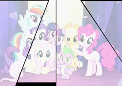 Size: 565x400 | Tagged: safe, edit, edited screencap, imported from derpibooru, screencap, applejack, fluttershy, pinkie pie, rainbow dash, rarity, spike, twilight sparkle, alicorn, dragon, earth pony, pegasus, pony, unicorn, twilight's kingdom, horn, mane seven, mane six, twilight sparkle (alicorn), twilight's castle