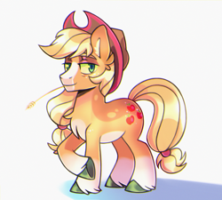 Size: 2000x1800 | Tagged: safe, artist:virygo19, imported from derpibooru, applejack, earth pony, pony, applejack's hat, chromatic aberration, coat markings, colored hooves, cowboy hat, female, hat, looking at you, mare, raised hoof, simple background, smiling, solo, unshorn fetlocks, white background