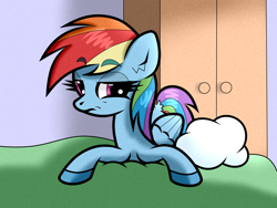 Size: 2000x1500 | Tagged: safe, artist:scandianon, imported from derpibooru, rainbow dash, pegasus, pony, bed, bedroom, cloud, dresser, female, indoors, looking at you, lying down, mare, prone, rainbow dash is not amused, unamused