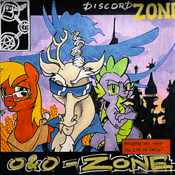 Size: 1900x1900 | Tagged: safe, artist:dranonequus, imported from derpibooru, big macintosh, discord, spike, draconequus, dragon, pony, /mlp/, 4chan, album cover, canterlot, clothes, glasses, marker drawing, outfit, ponified, ponified album cover, traditional art, wonderbolts