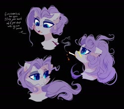 Size: 1828x1618 | Tagged: safe, artist:mirtash, imported from derpibooru, maud pie, earth pony, pony, alternate hairstyle, alternate universe, beauty mark, big eyes, black background, blood, blue eyes, bust, cheek fluff, chest fluff, cigarette, dialogue, ear fluff, ear piercing, earring, eyeshadow, female, frown, gray coat, hair bun, implied violence, jewelry, lidded eyes, long mane, looking down, makeup, mare, messy mane, piercing, profile, purple mane, simple background, smoke, smoking, solo, text, windswept mane