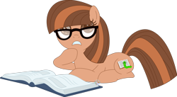 Size: 1804x988 | Tagged: safe, artist:pure-blue-heart, imported from derpibooru, oc, oc only, oc:bookworm, earth pony, book, brown coat, brown eyes, brown mane, earth pony oc, female, glasses, lying down, mare, open book, screenshot redraw, simple background, straight hair, straight mane, thinking, transparent background, watermark