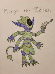 Size: 3024x4032 | Tagged: safe, artist:veprem, imported from derpibooru, oc, oc only, oc:mingo, alien, original species, fallout equestria, bipedal, blaster, carapace, female, four arms, one eyed, traditional art, weapon, zetan