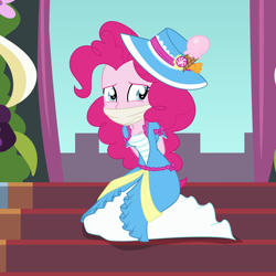 Size: 2000x2000 | Tagged: safe, artist:nie-martw-sie-o-mnie, imported from derpibooru, part of a set, pinkie pie, human, equestria girls, magical mystery cure, arm behind back, cloth gag, clothes, coronation dress, dress, female, femsub, gag, kneeling, pinkiesub, solo, stairs, submissive