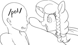Size: 541x316 | Tagged: safe, artist:mcsadat, imported from derpibooru, oc, oc:anon, oc:marker pony, human, pony, unicorn, /pol/, 4chan, boop, female, horn, mare, open mouth, simple background, sketch, white background