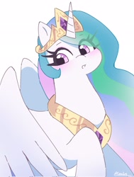 Size: 1547x2048 | Tagged: safe, artist:leo19969525, imported from derpibooru, princess celestia, alicorn, pony, :o, cute, cutelestia, female, hair over one eye, jewelry, mare, open mouth, partially open wings, peytral, raised hoof, simple background, solo, tiara, white background, wings