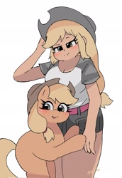 Size: 1413x2048 | Tagged: safe, artist:leo19969525, imported from derpibooru, applejack, earth pony, human, pony, applejack's hat, bipedal, breasts, cleavage, cowboy hat, cute, duo, female, hat, human ponidox, humanized, jackabetes, lidded eyes, looking at you, mare, missing cutie mark, open mouth, self paradox, self ponidox, simple background, smiling, white background