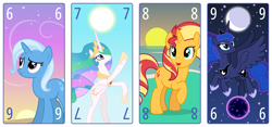 Size: 6400x3000 | Tagged: safe, artist:parclytaxel, imported from derpibooru, princess celestia, princess luna, sunset shimmer, tantabus, trixie, alicorn, pony, unicorn, series:parcly's pony pattern playing cards, .svg available, absurd resolution, beach, dawn, female, flying, horn, looking up, mare, moon, playing card, pointing, raised hoof, rearing, smiling, sun, sunset, tarot card, vector